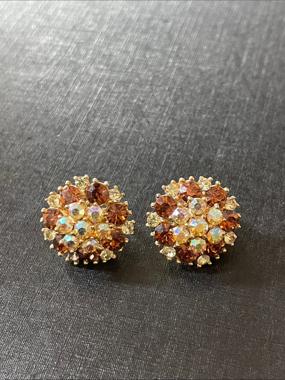 Vintage Crown Trifari Earrings Clip Brown Rhinestone Aurora Borealis Amber